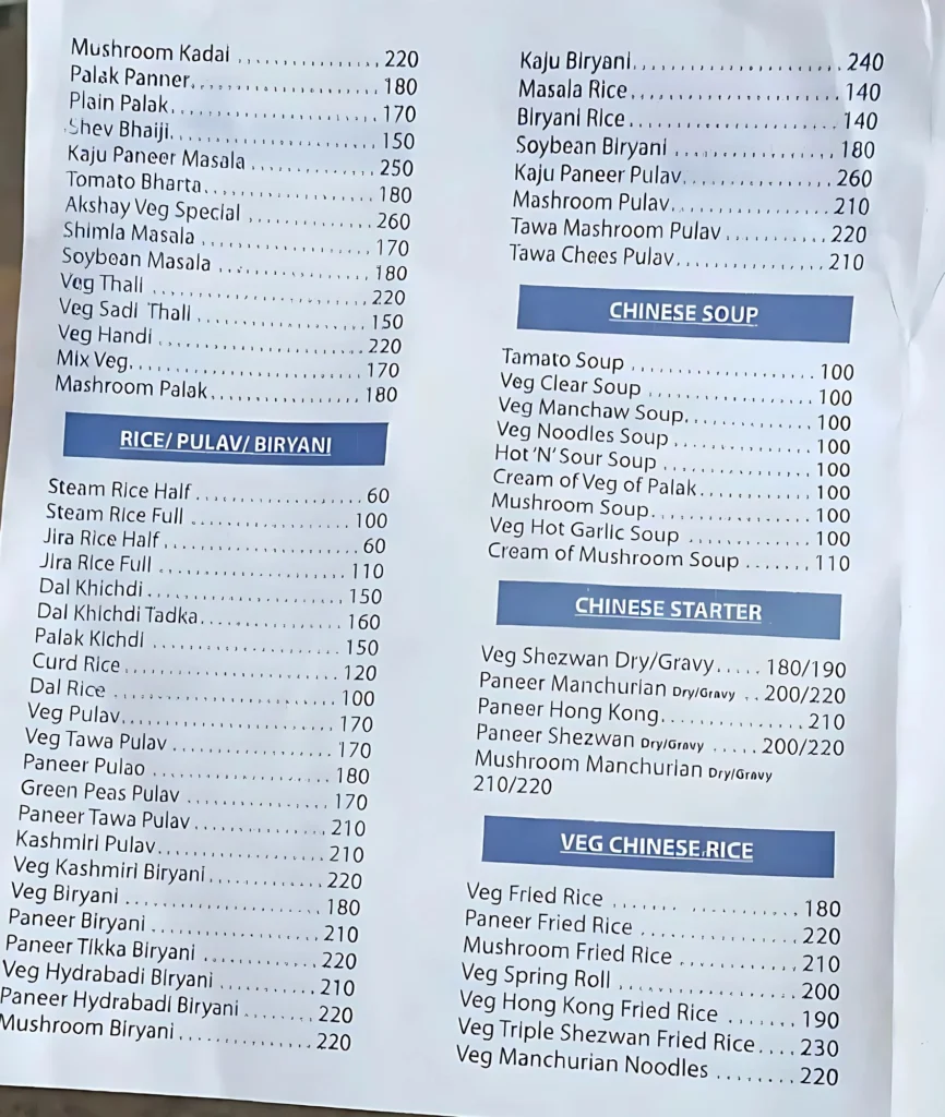 Akshay Pure Veg Menu is visible in this image.