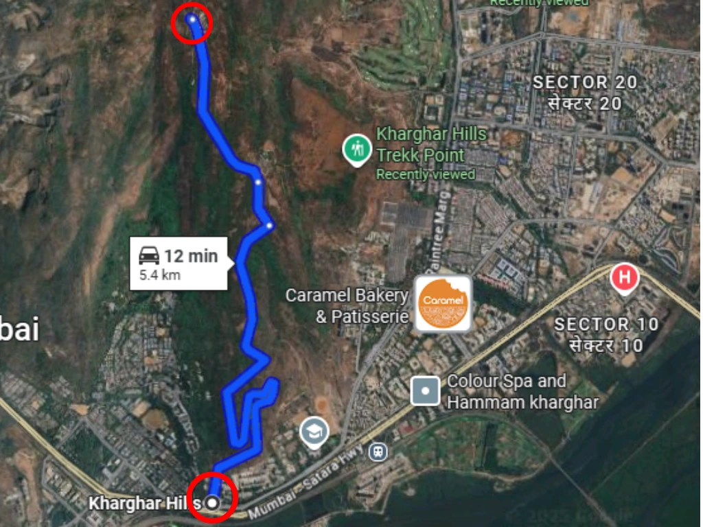 The trekking route of Kharghar Hills from RBI Colony metro station to the top is visible in this image.