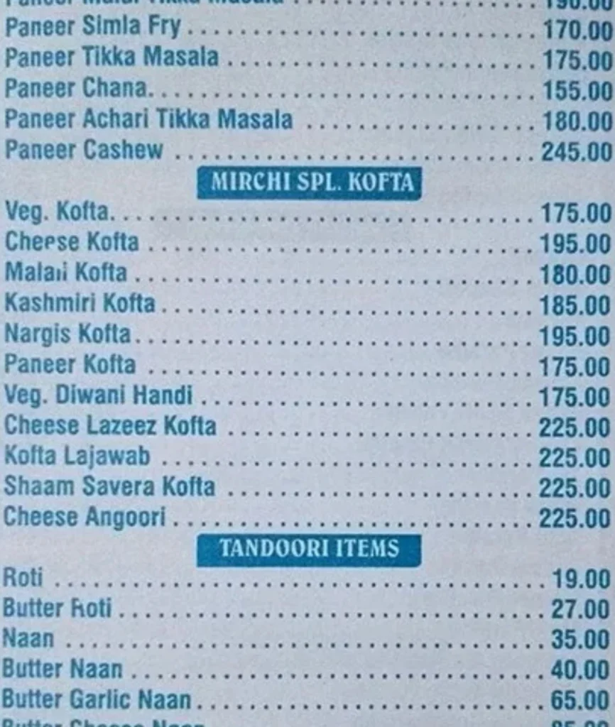 Mirchi Hotel Menu is Visible in this Image