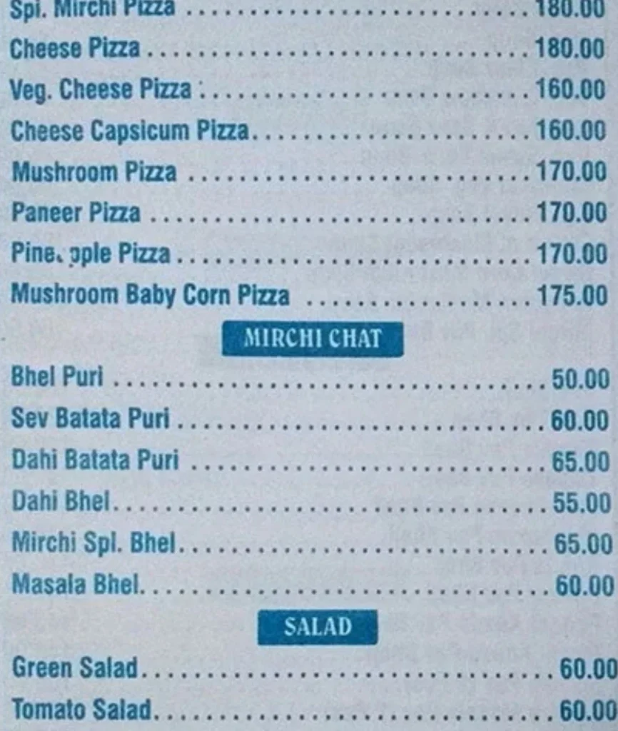 Mirchi Hotel Menu is Visible in this Image