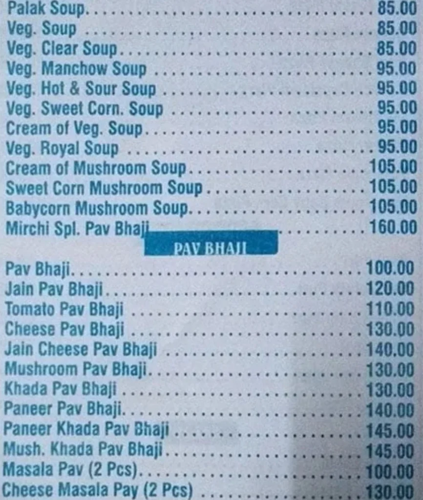 Mirchi Hotel Menu is Visible in this Image