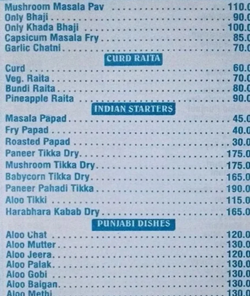 Mirchi Hotel Menu is Visible in this Image