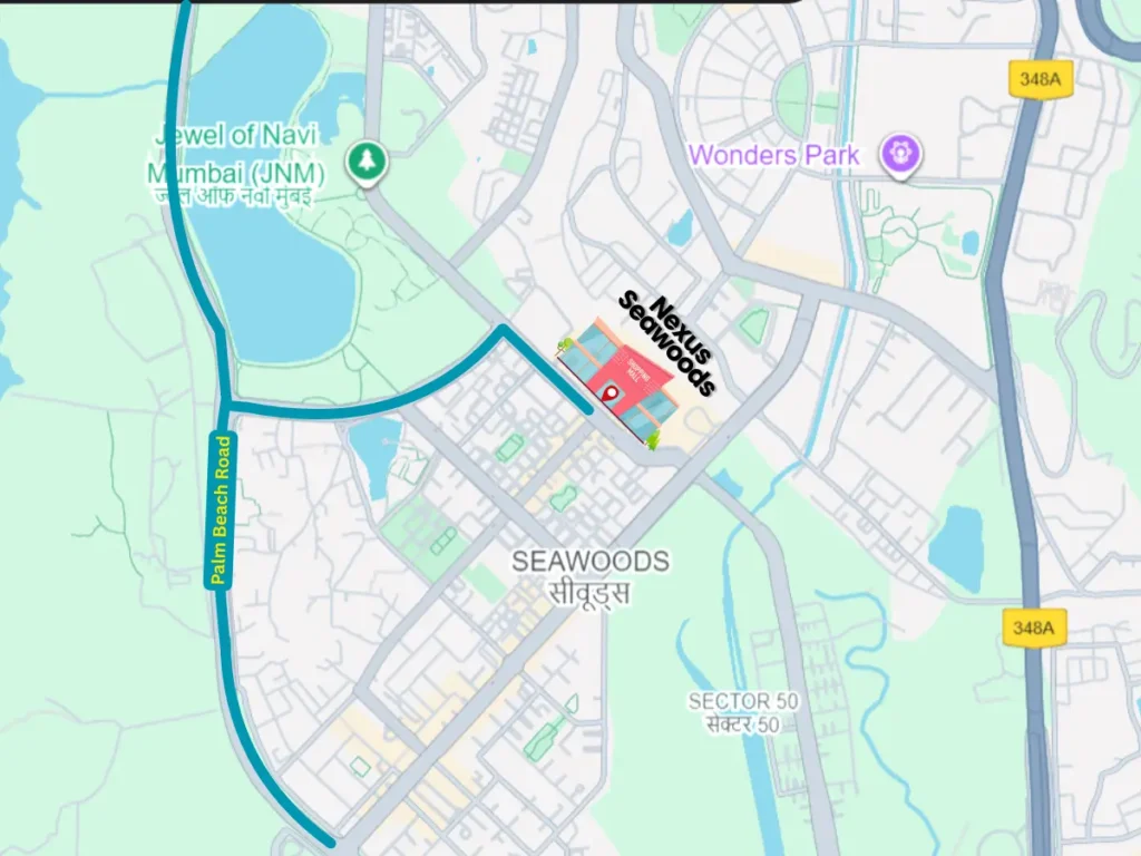 Here is the map of Nexus seawoods mall and how to reach nexus mall through Palm beach road is visible in this image.