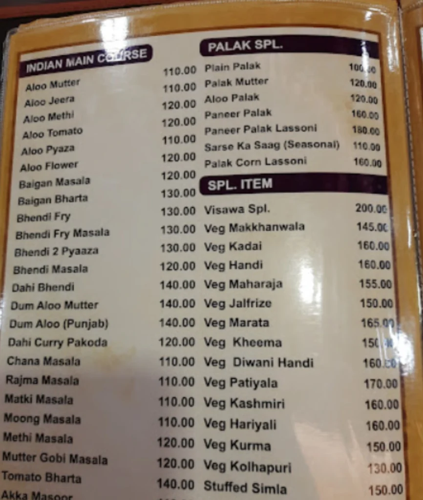 Visawa Pure Veg Menu is Visible in this Image