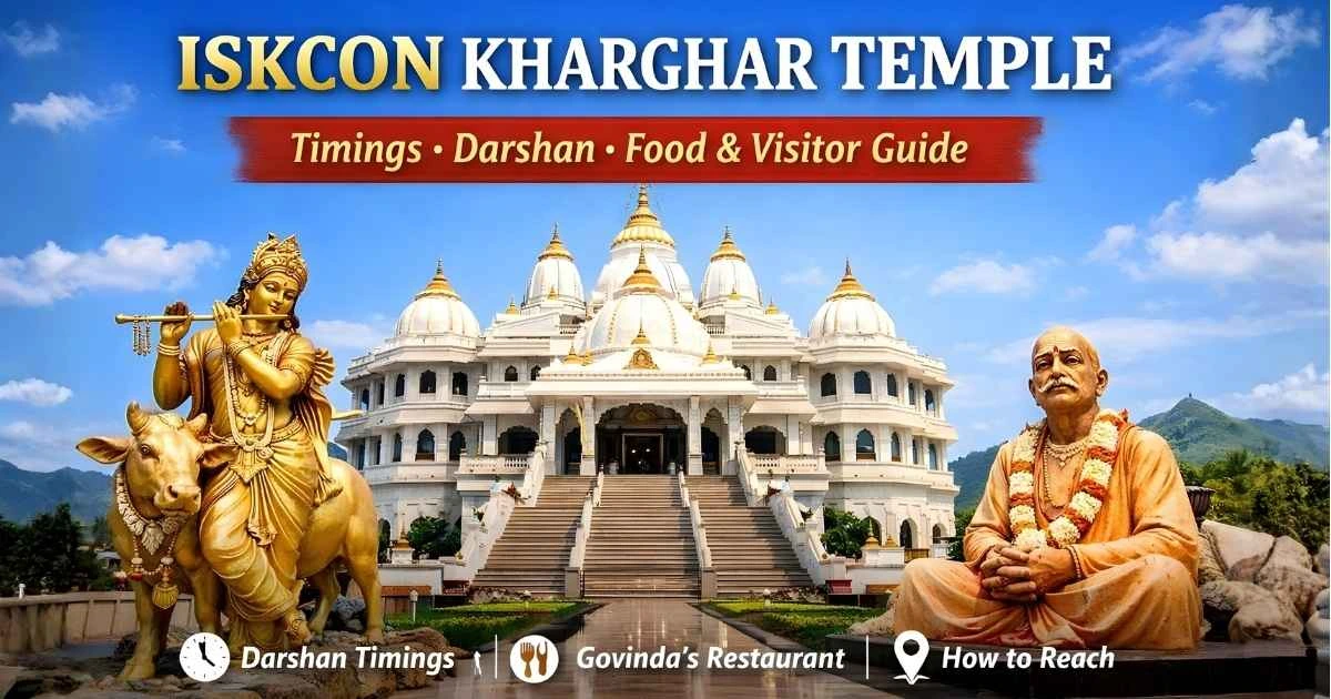 ISKCON Kharghar Temple in Navi Mumbai with information about darshan timings, Govinda’s restaurant, and visitor details