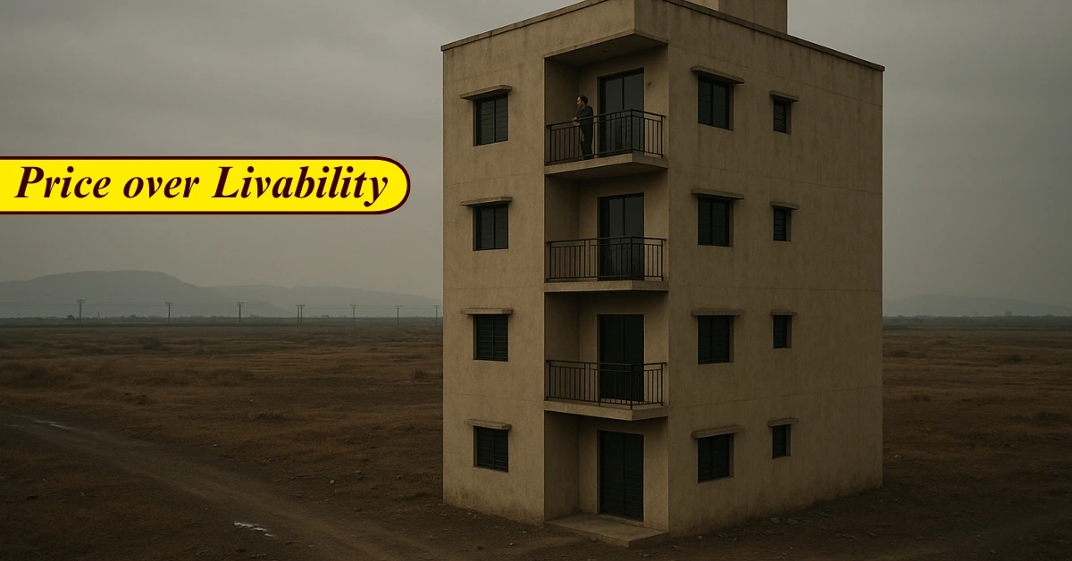 A lonely residential building in the middle of barren land with no surrounding development, highlighting the risks of choosing cheap property over liveable, well-connected areas.