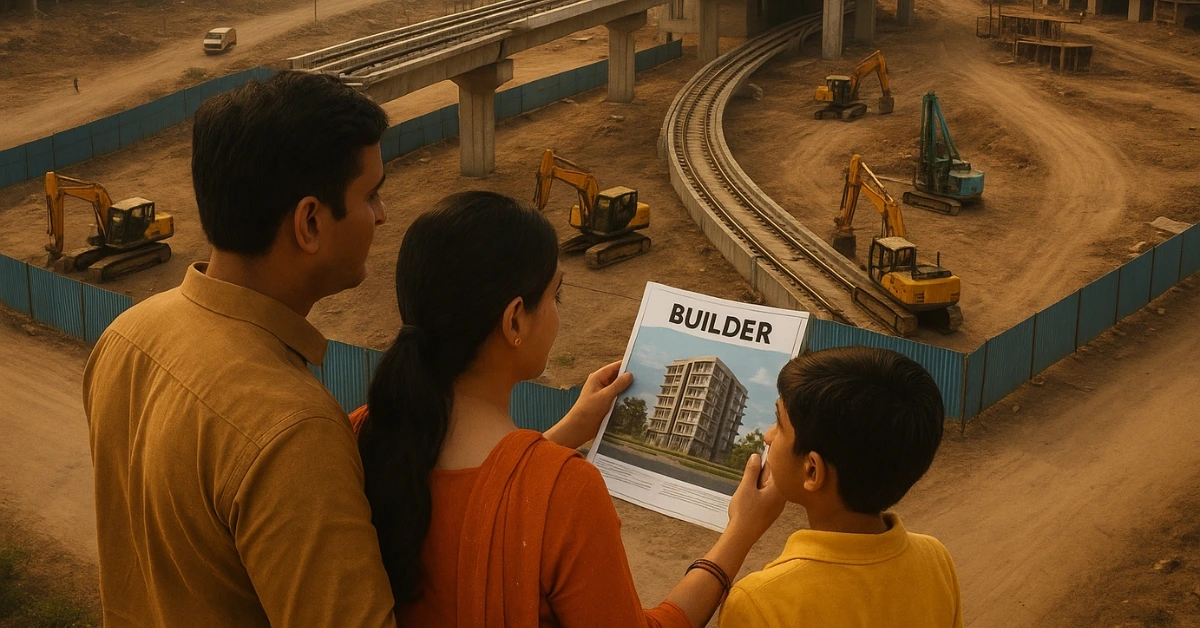 A family looking at a brochure of a proposed residential building while standing near incomplete metro rail construction, showing how buyers are misled by future infrastructure promises in Navi Mumbai.