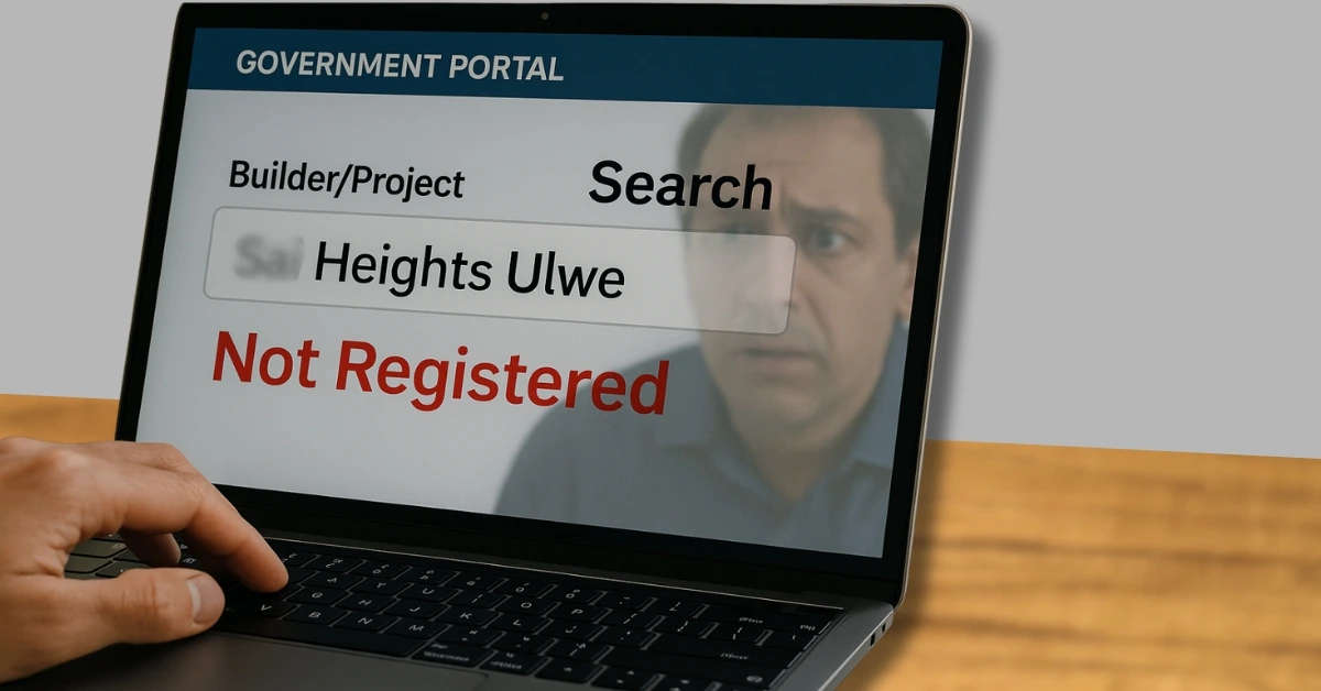 A laptop screen showing a housing project in Ulwe not registered on the government portal, with a man’s shocked face reflected, warning about real estate fraud due to ignoring RERA status.