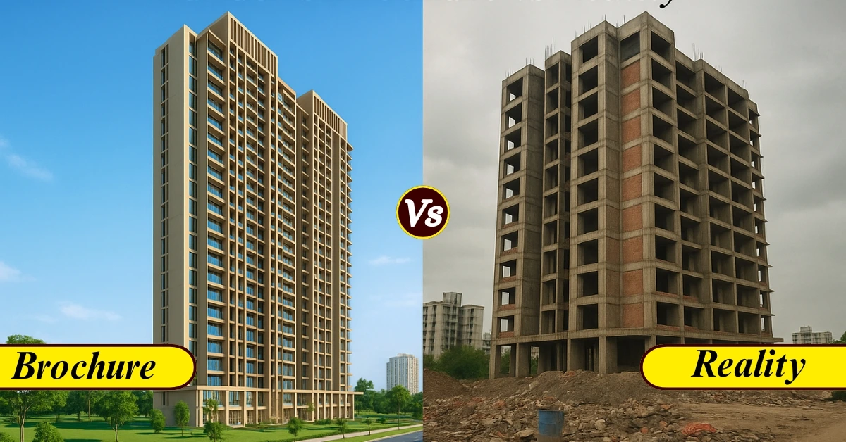 Side-by-side comparison of a building’s brochure render showing a polished high-rise versus its real under-construction state with exposed concrete and debris, highlighting misleading real estate marketing.