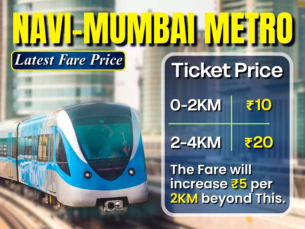 Navi Mumbai Metro 2025 latest fare chart – ticket price starting ₹10 for 0–2 km, ₹20 for 2–4 km, with ₹5 increase per 2 km.