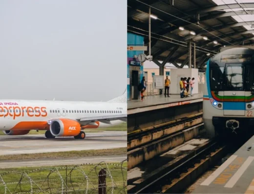 A composite image showing a white and orange Air India Express aircraft on an airport tarmac on the left, and a blue and white Mumbai Metro train at a station platform on the right.