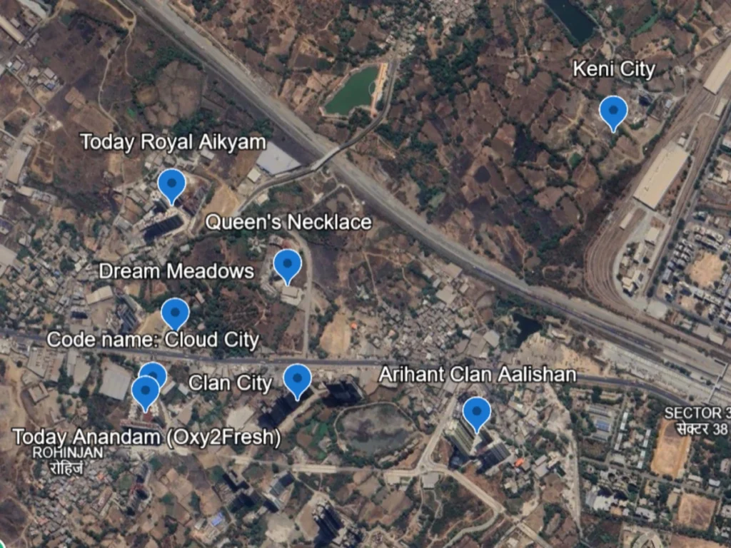 all the upcoming projects by the name of upper kharghar is visible in this image such as: Today royal aikam, Queens necklace, Dream Meadows, Clan City, Today Anandam Oxy2fresh Code Name Cloud City , Arihant Clan Alishan is visible in this image.