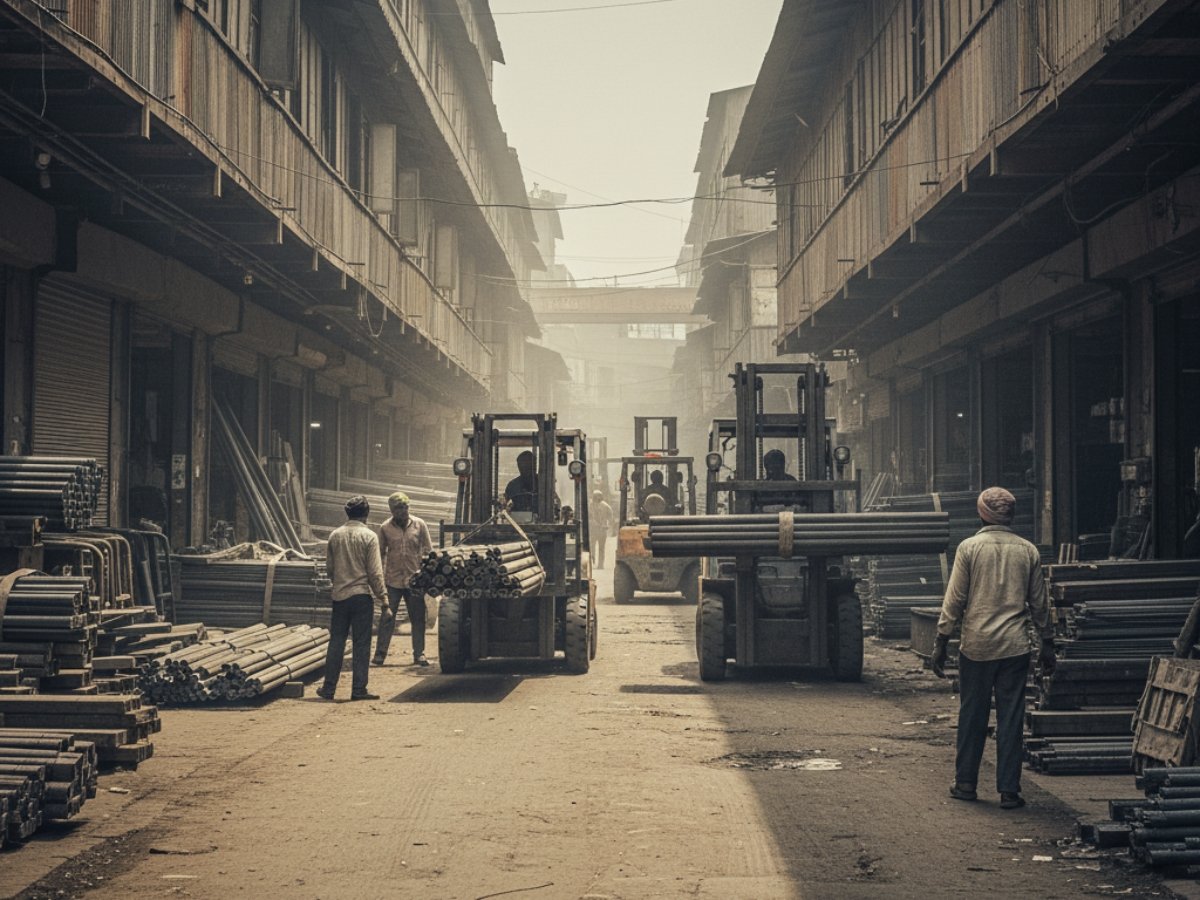 An atmospheric view of a lane in the Kalamboli Steel Market, where forklifts transport steel pipes amidst stacks of inventory and hazy, industrial air.