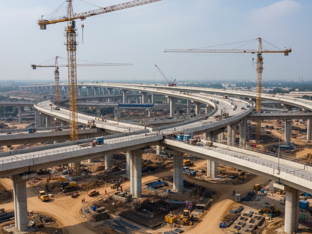 Aerial view of the massive, multi-level Kalamboli Junction infrastructure project, showing numerous concrete flyovers and cranes under construction.