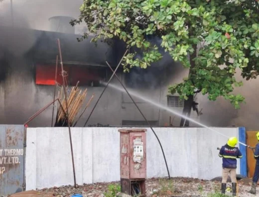 fire fighters trying to extinguish the fire outbreak of jells Rabale Pharmaceutical Factory is visible in this image