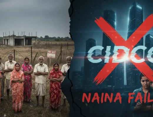 An illustration of villagers from near naina city with a another illustration of naina city being delayed with people being worried about it is visible in this image.