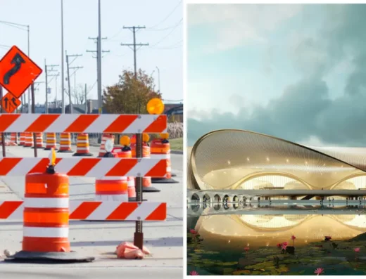 Traffic curbs and image of navi mumbai internation airport is visible in this image.