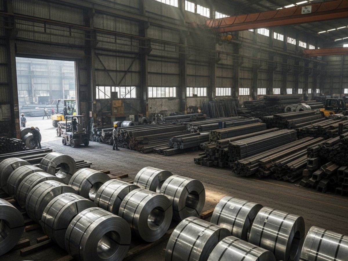 The vast interior of a Kalamboli steel warehouse, featuring neat rows of large steel coils in the foreground and towering stacks of various steel products in the background.