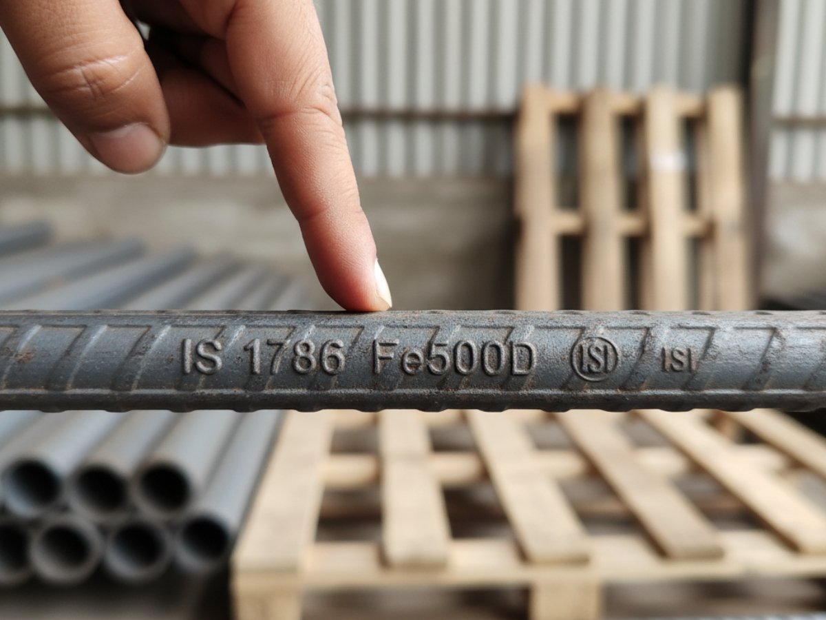 A close-up photograph of a finger pointing to the embossed BIS mark (IS 1786 Fe500D) on a TMT rebar, a crucial quality verification step.