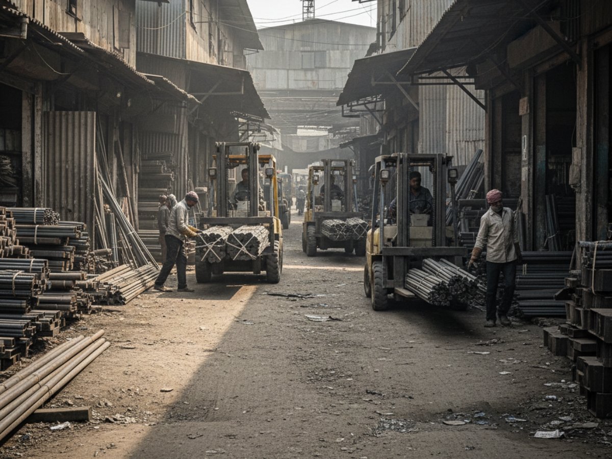 A busy, unpaved lane within the Kalamboli Steel Market, with workers and forklifts actively moving bundles of steel rods between weathered warehouses.