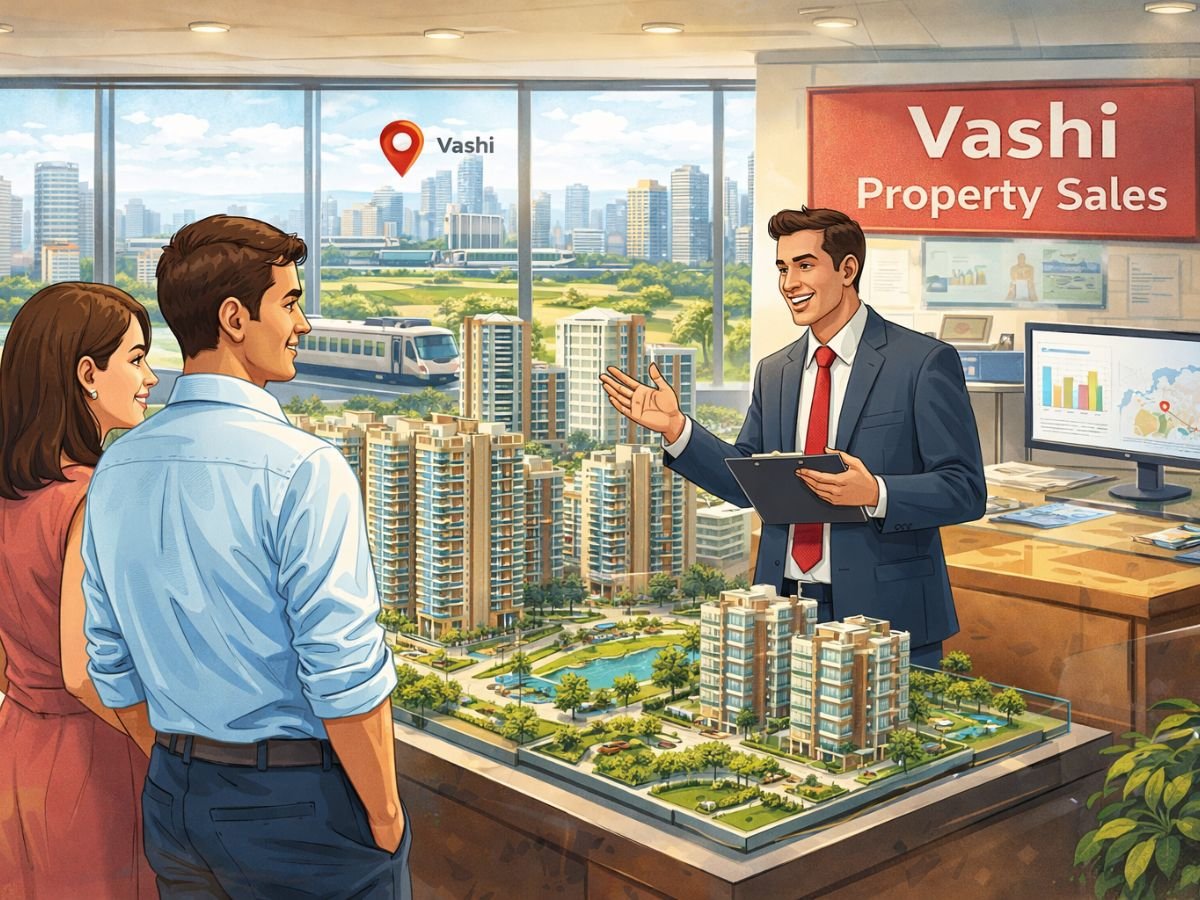 Busy commercial area in Vashi with offices, shops, and daily activity supporting residential demand and livability