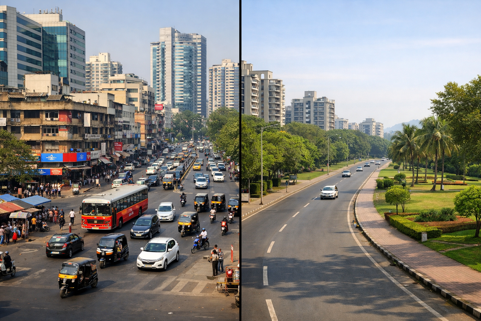 Vashi and Nerul aerial comparison showing urban density versus residential planning in Navi Mumbai