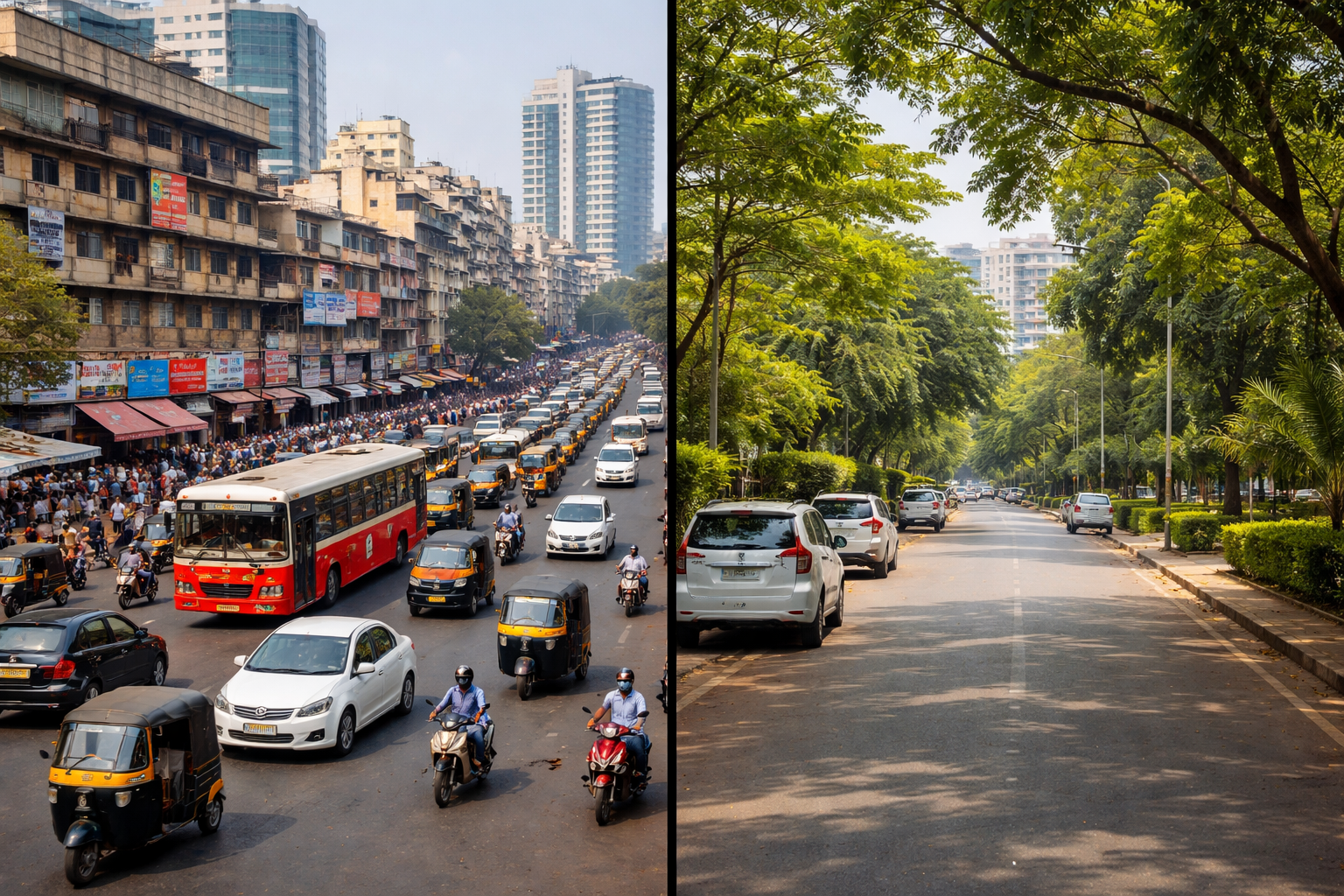 Comparison of busy Vashi streets and calm Nerul residential roads showing daily lifestyle difference