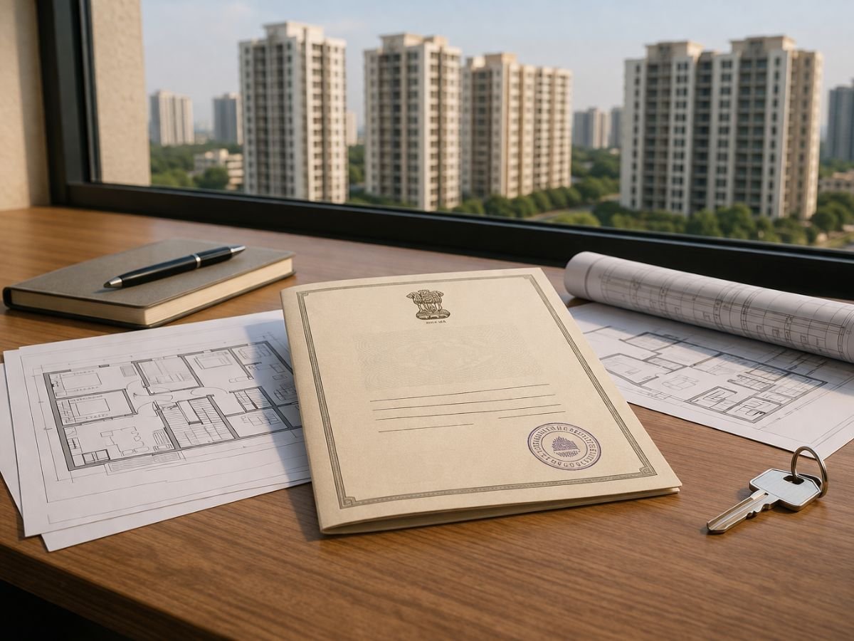 Buyer verification setup for checking Completion Certificate documents and project details is visible in this image