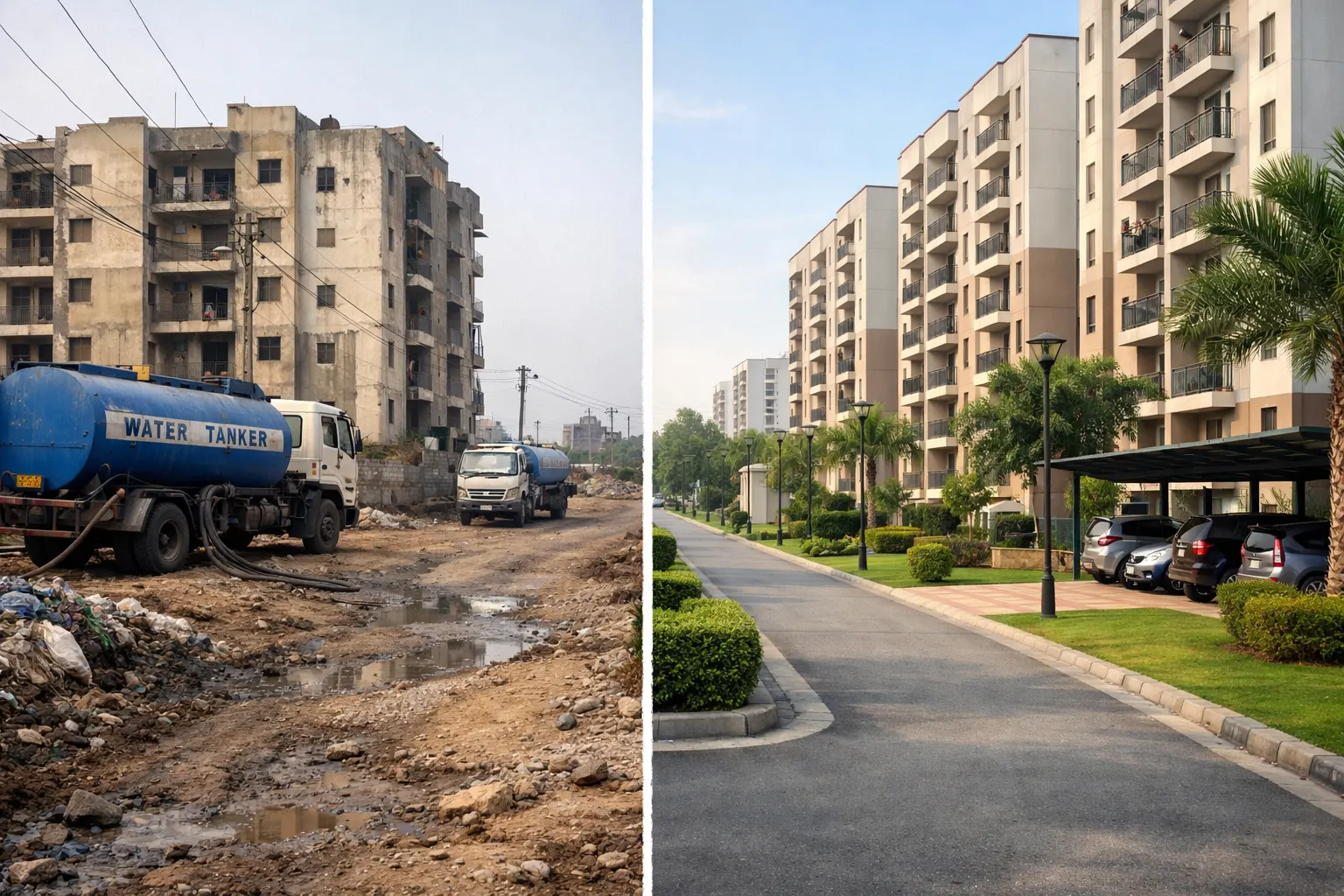 Editorial illustration showing how lower property prices can hide infrastructure and livability trade-offs