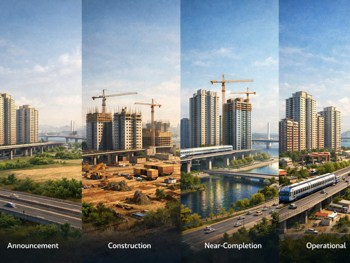 How property prices actually move: announcement, construction, near-completion, and after use starts