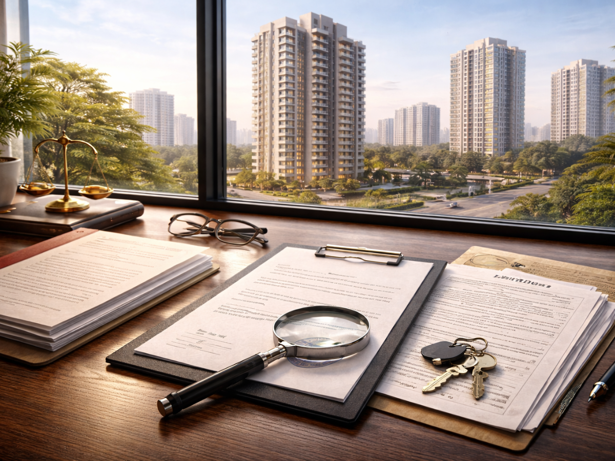 A magnifying glass on some documents near buildings is visible in this image.