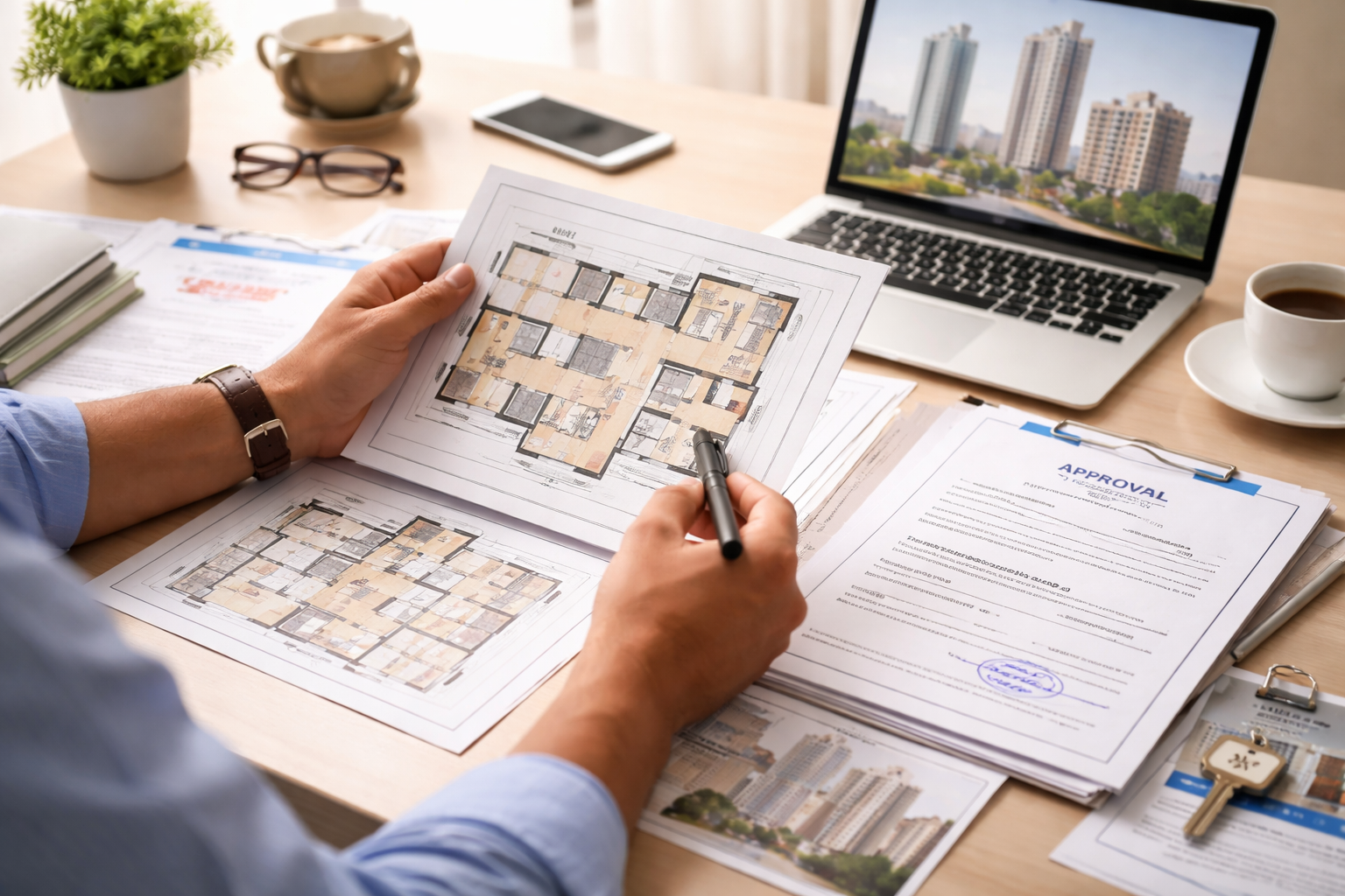 Buyer verifying property documents and approvals before booking