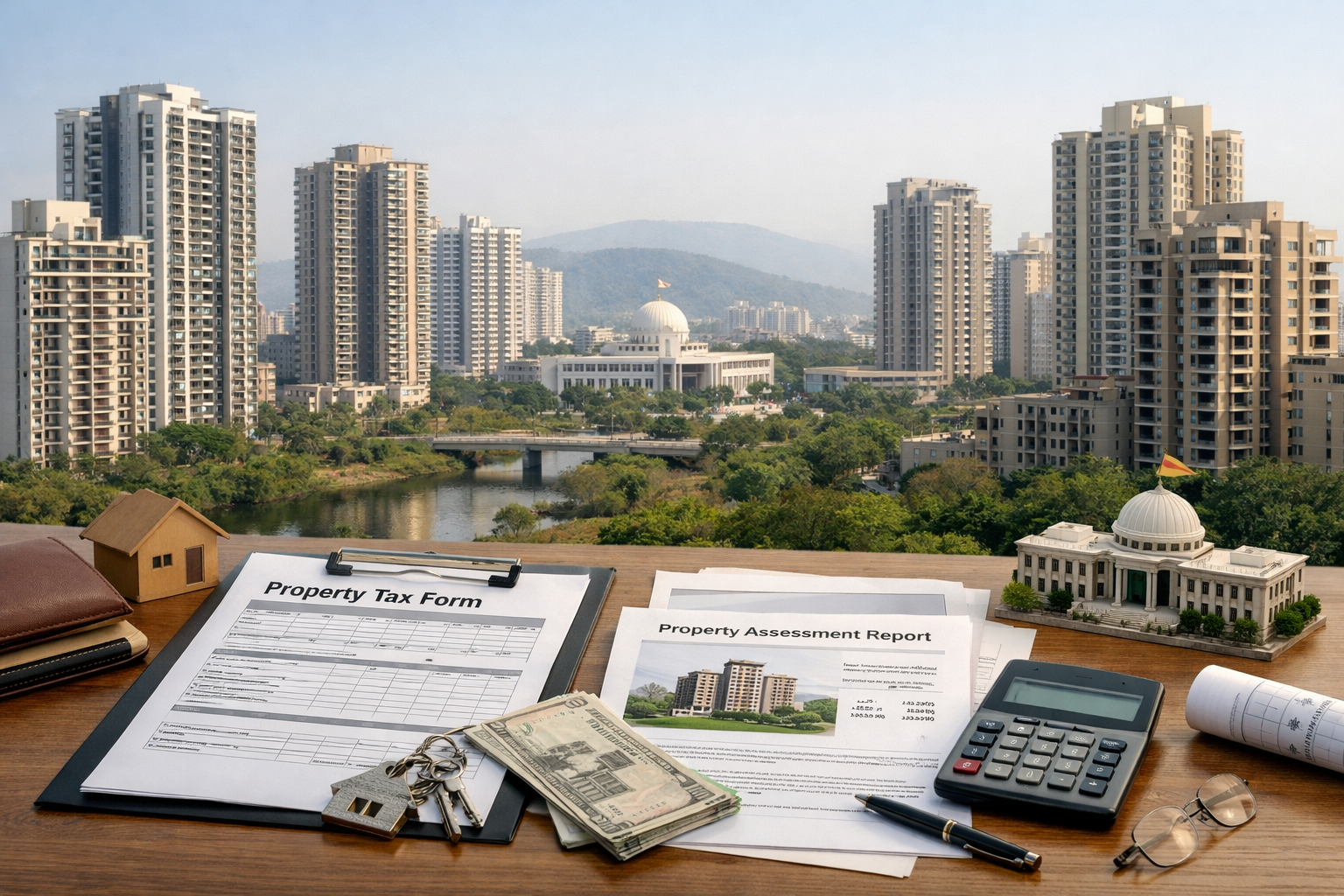 Property tax concept for residential buildings in Navi Mumbai is visible in this image