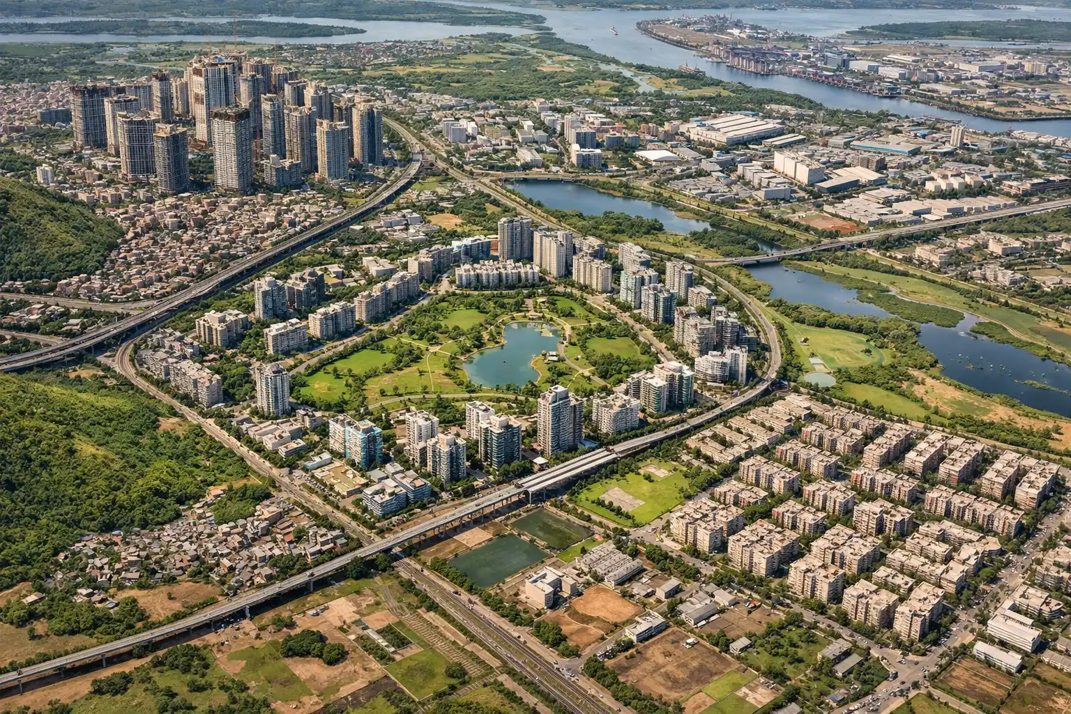 Different residential pockets in Kharghar showing affordable outer-sector apartments and premium developed sectors with larger towers and better urban infrastructure