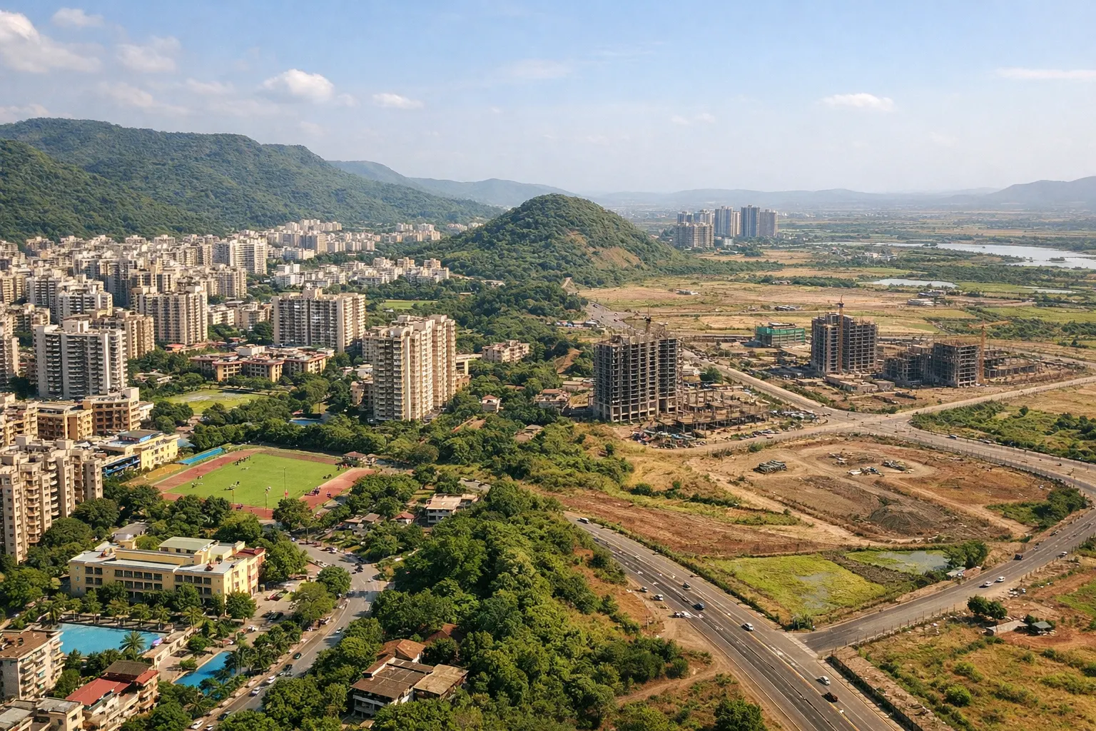 Kharghar Navi Mumbai residential skyline with mid-rise and high-rise apartments, broad roads, green spaces, and a mature urban environment ideal for long-term property investment
