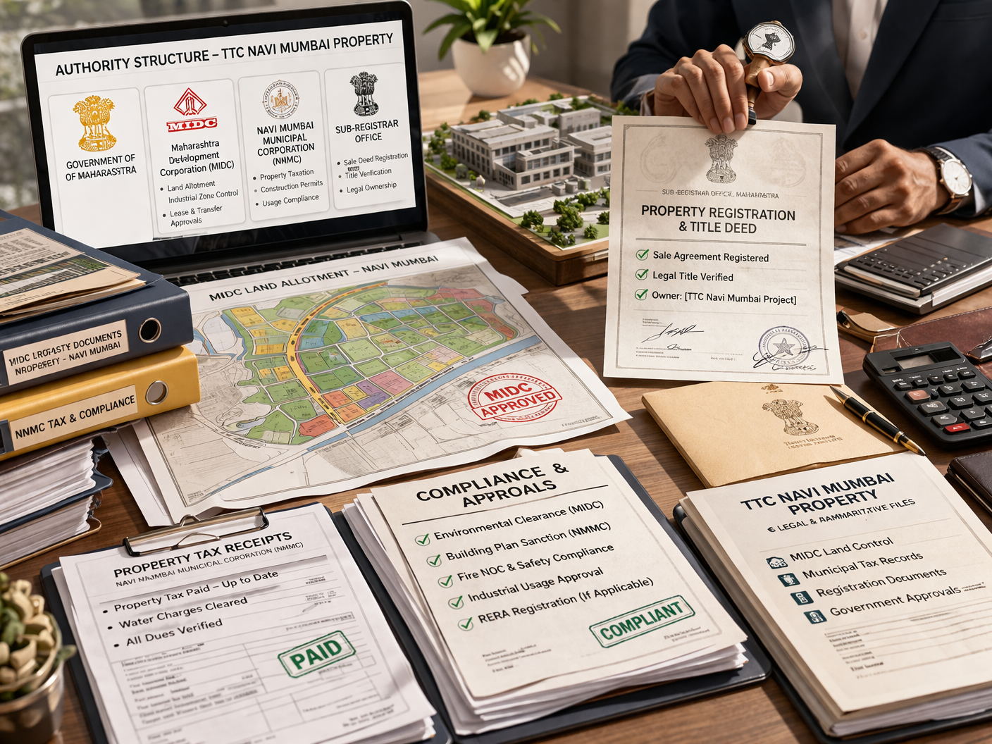 Different space types in TTC Navi Mumbai including industrial sheds, gala units, office floors, warehouses, IT-style premises, and roadside commercial frontage