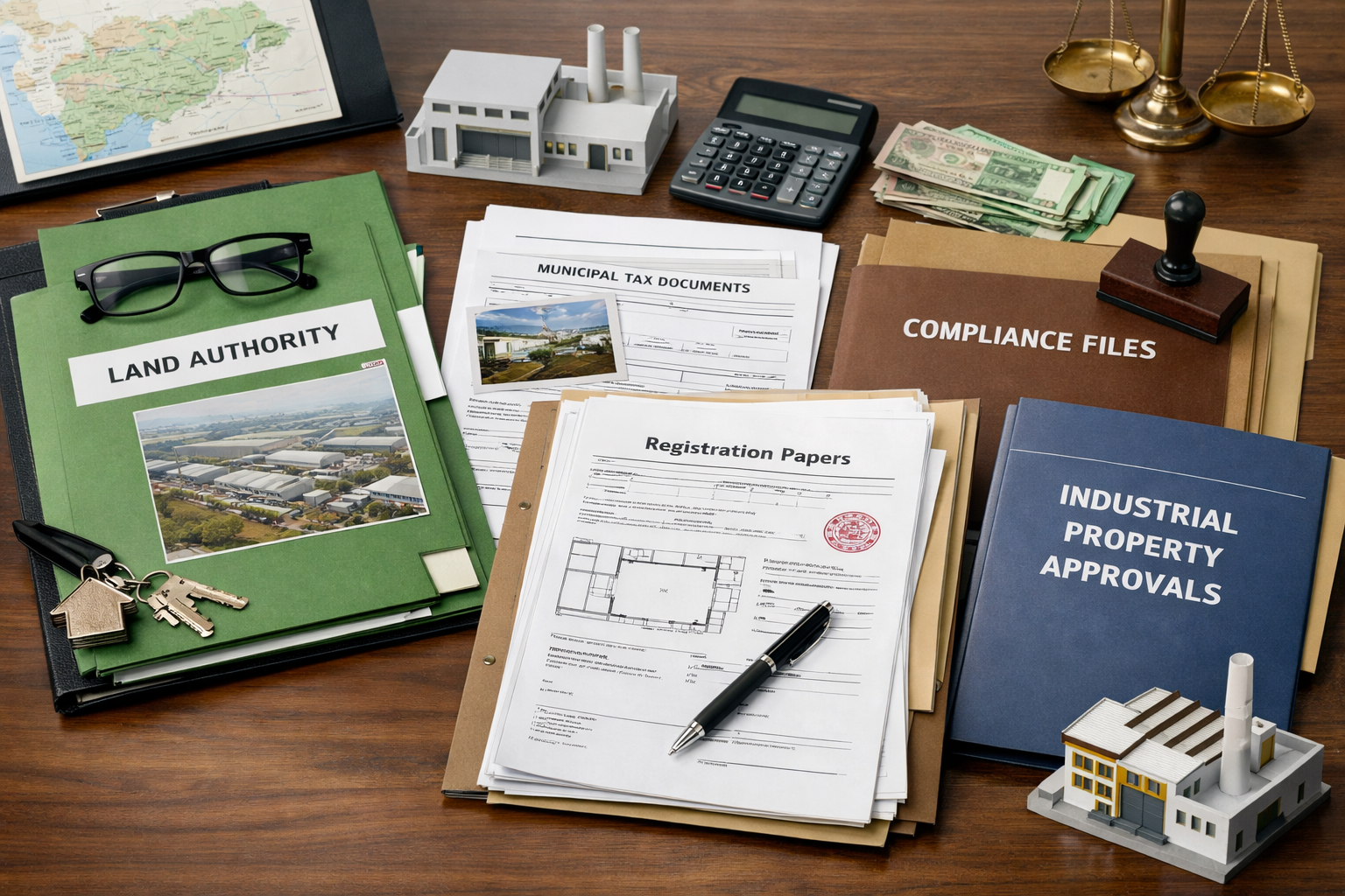 MIDC and property authority paperwork for TTC Navi Mumbai showing land control documents, tax papers, registration files, and industrial approvals on an office desk