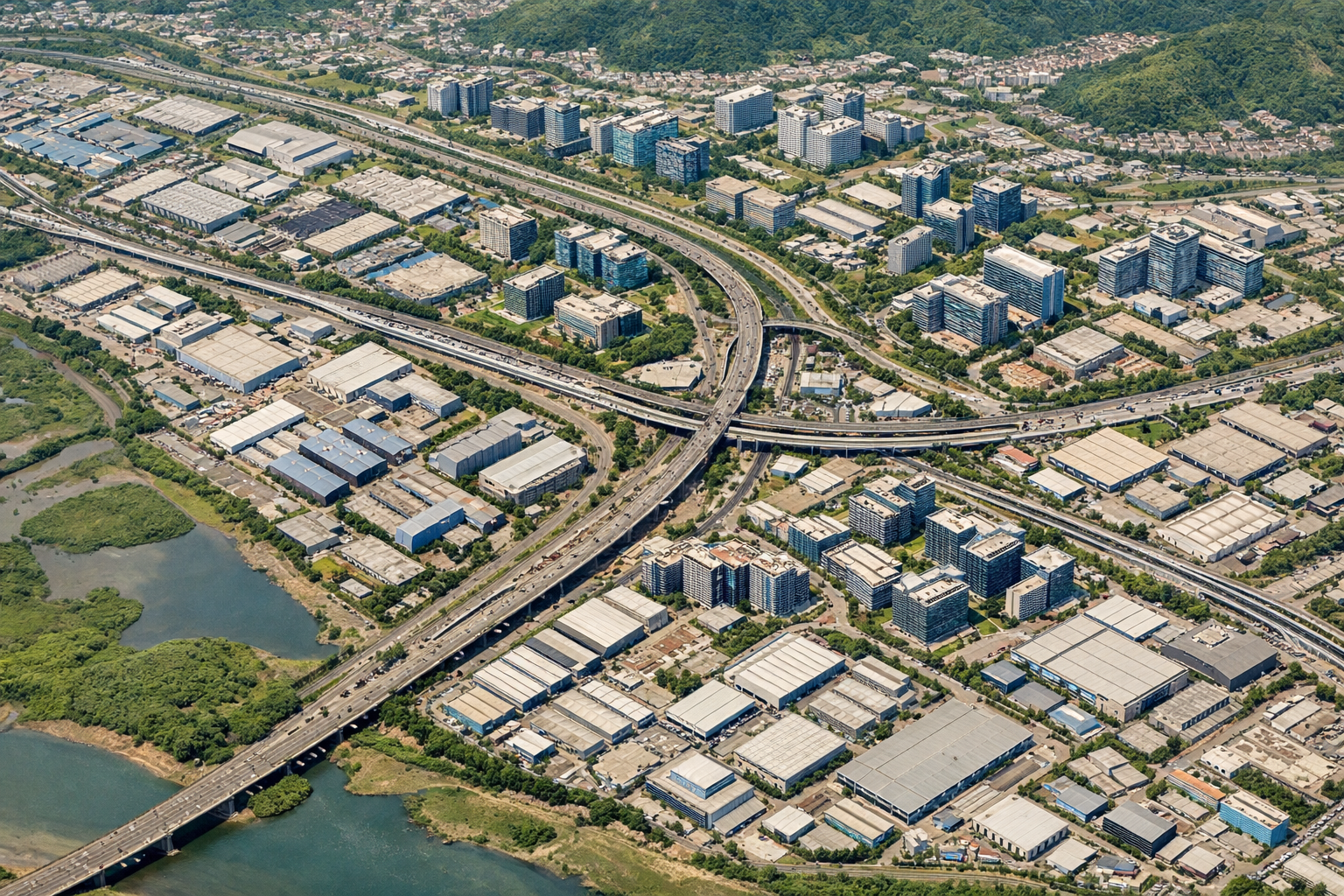 Map-style visual of TTC Navi Mumbai showing industrial clusters, office zones, road corridors, station-side development, and business pockets across Airoli, Rabale,