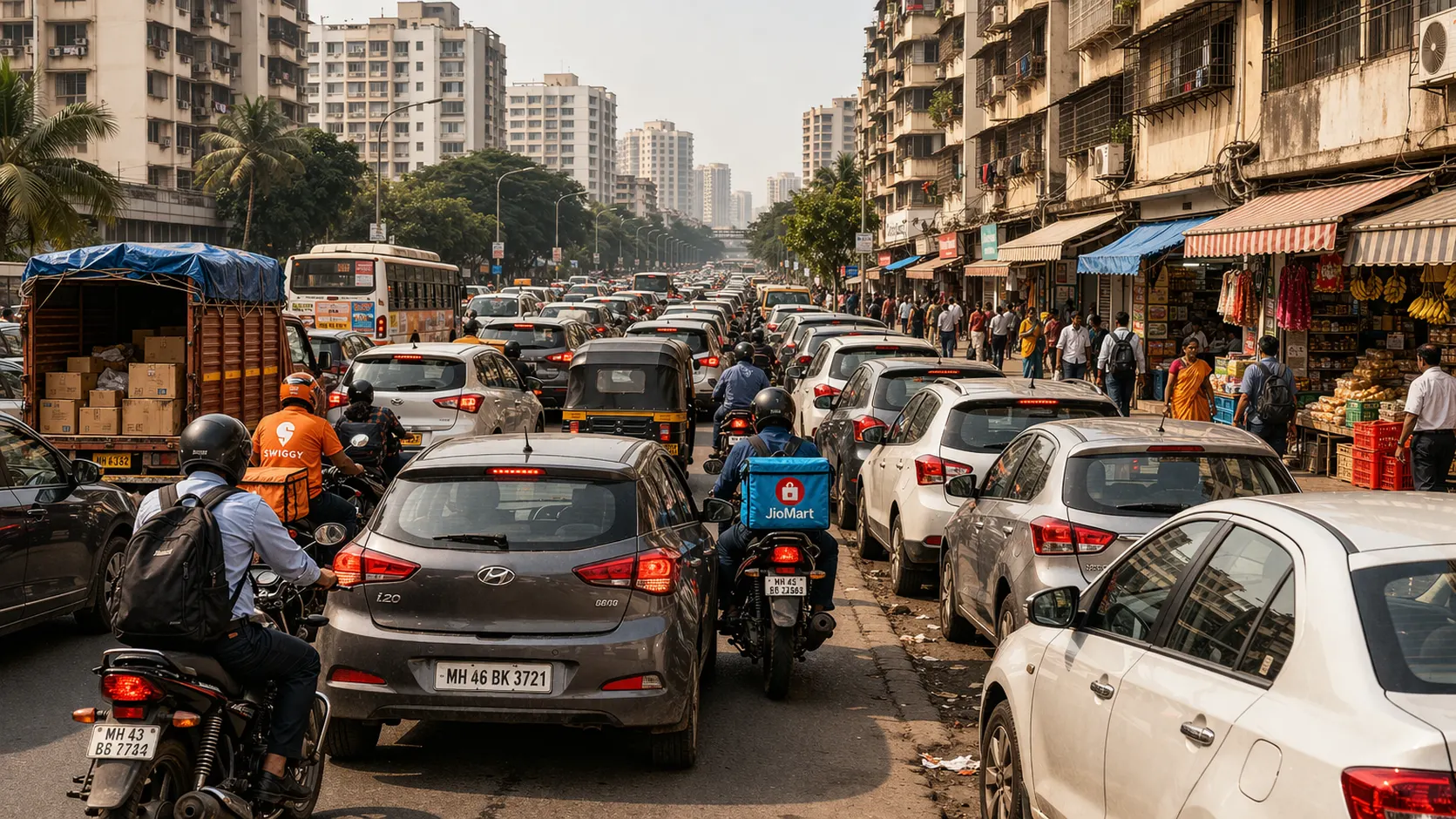 Street in Vashi with shops clinics and daily services near residential buildings showing high convenience