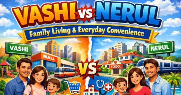 Vashi vs Nerul comparison showing urban commercial area vs residential neighborhood in Navi Mumbai