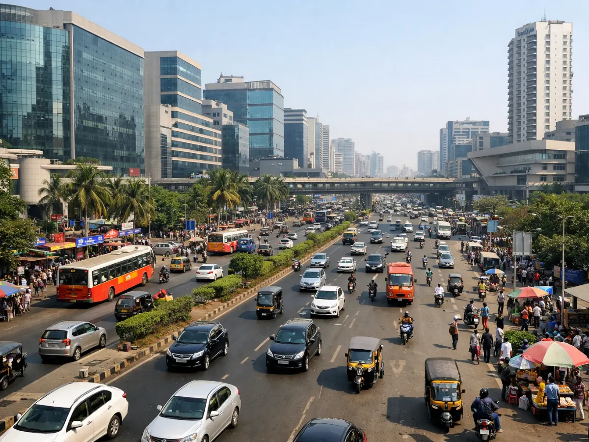 Busy Vashi area with traffic, commercial buildings and active street life in Navi Mumbai