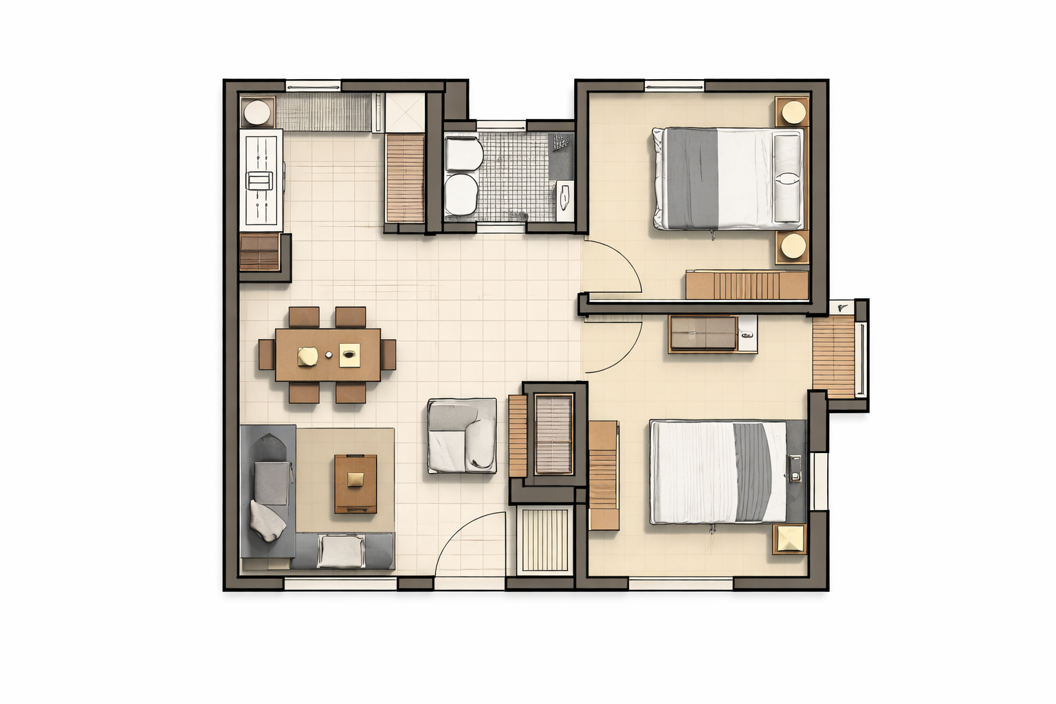 Apartment floor plan highlighting carpet area inside the flat