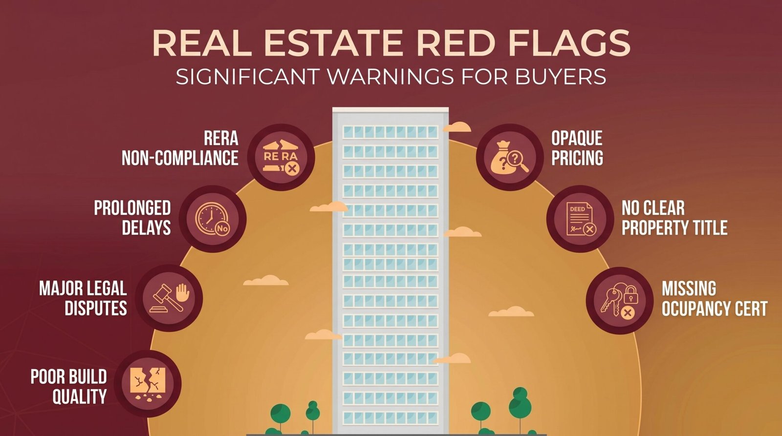 Infographic showing warning signs like no RERA hidden cost and pressure sales