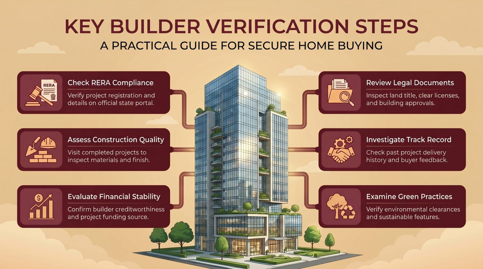 Infographic showing builder verification steps like RERA check documents and site visit in Navi Mumbai