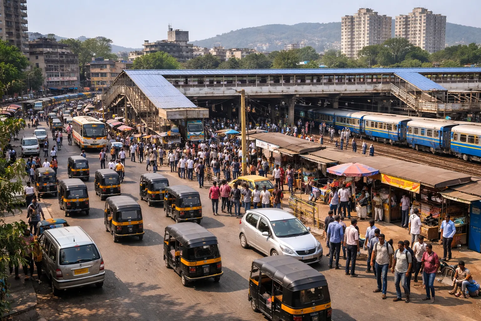 Everyday movement outside Panvel station with auto rickshaws, pedestrians, and rail connectivity in Maharashtra