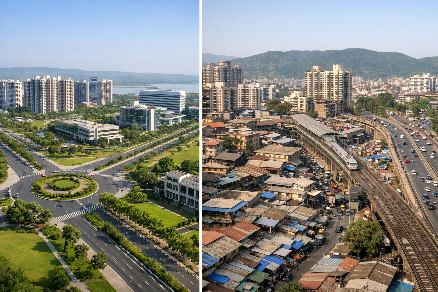 Comparison-style editorial image showing the difference between a planned Navi Mumbai node and Panvel’s mixed urban structure