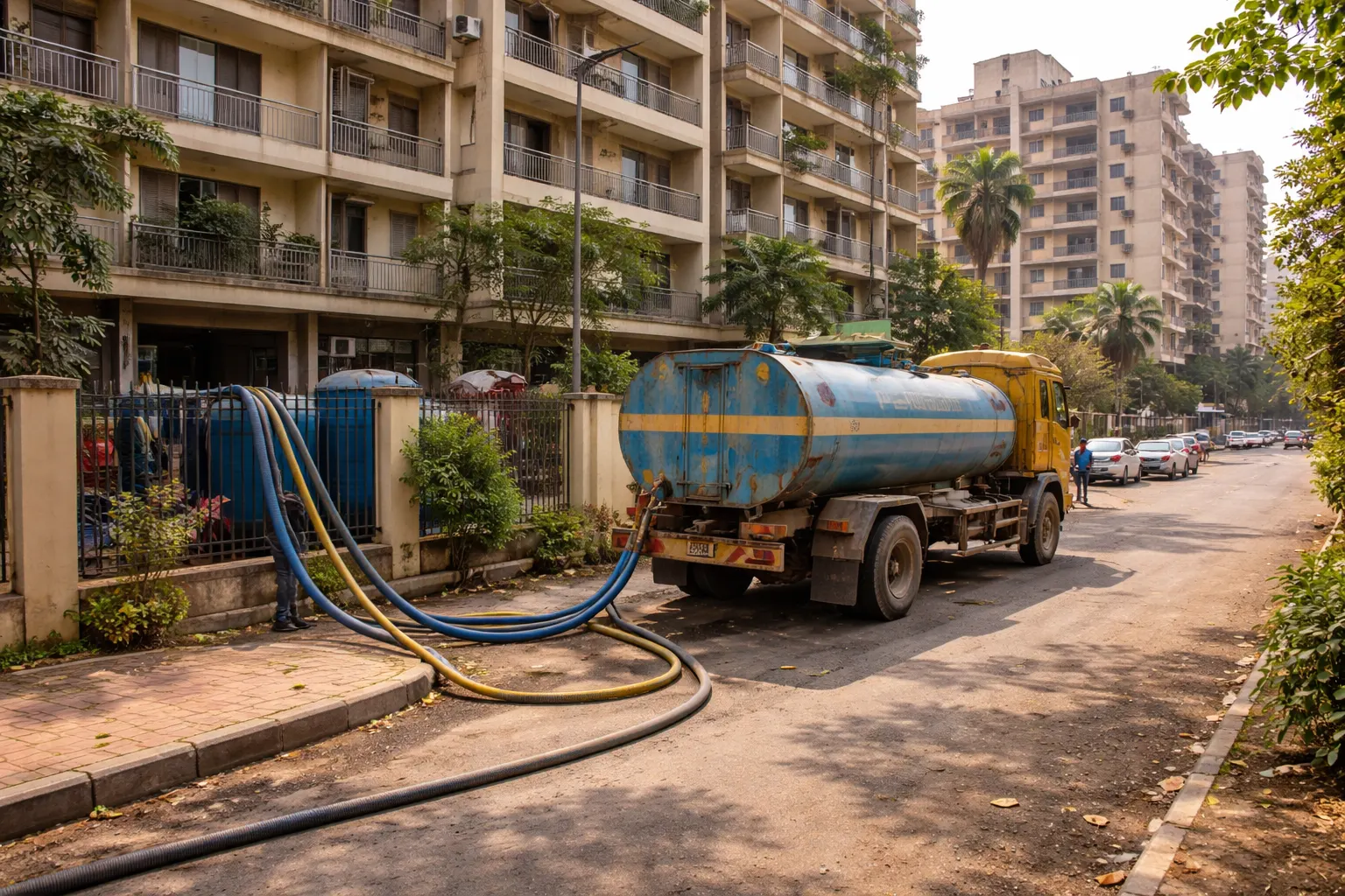 Water tanker parked outside apartment buildings supplying water through pipes in a Panvel residential area