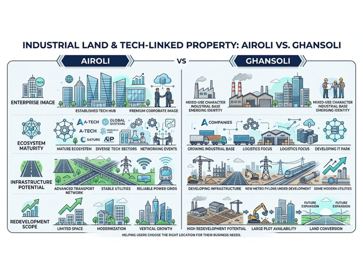 Does Airoli work better than Ghansoli for industrial land and tech-linked property?