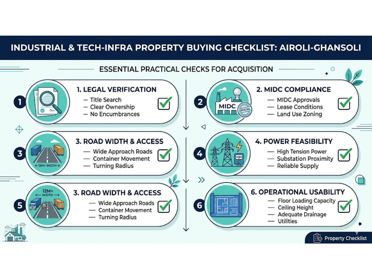 What should a buyer check before purchasing land or industrial-tech property in Airoli-Ghansoli?