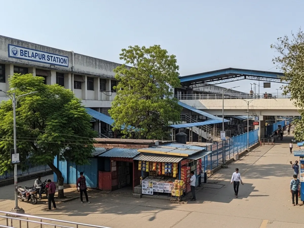 Station-linked office pocket in CBD Belapur with practical office buildings, access roads, and transit-oriented business surroundings